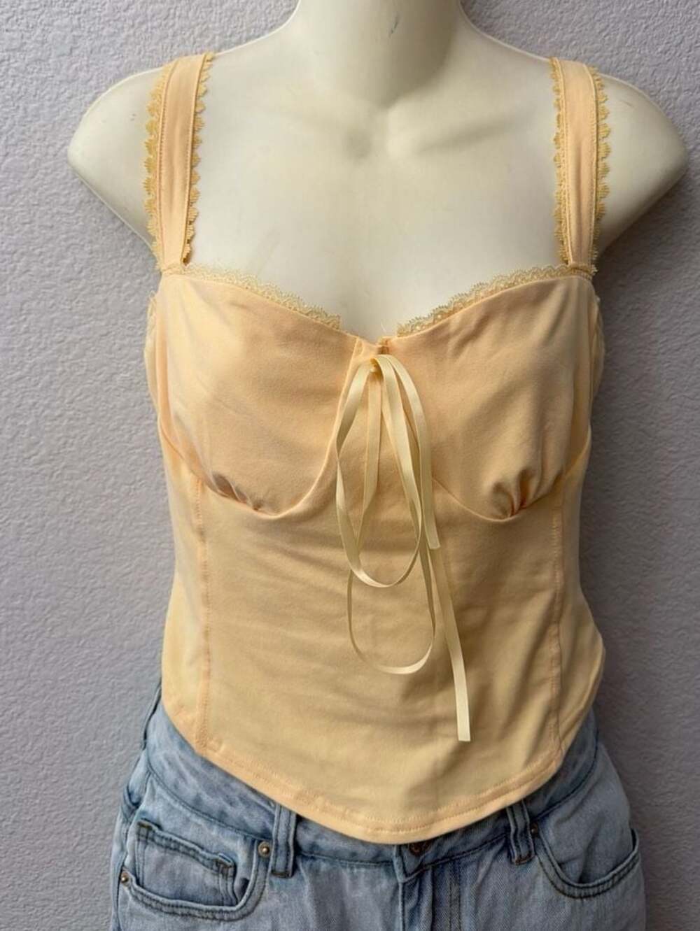 Unbranded buttercream Lace Trim Bow Front Corset Style Cami Top